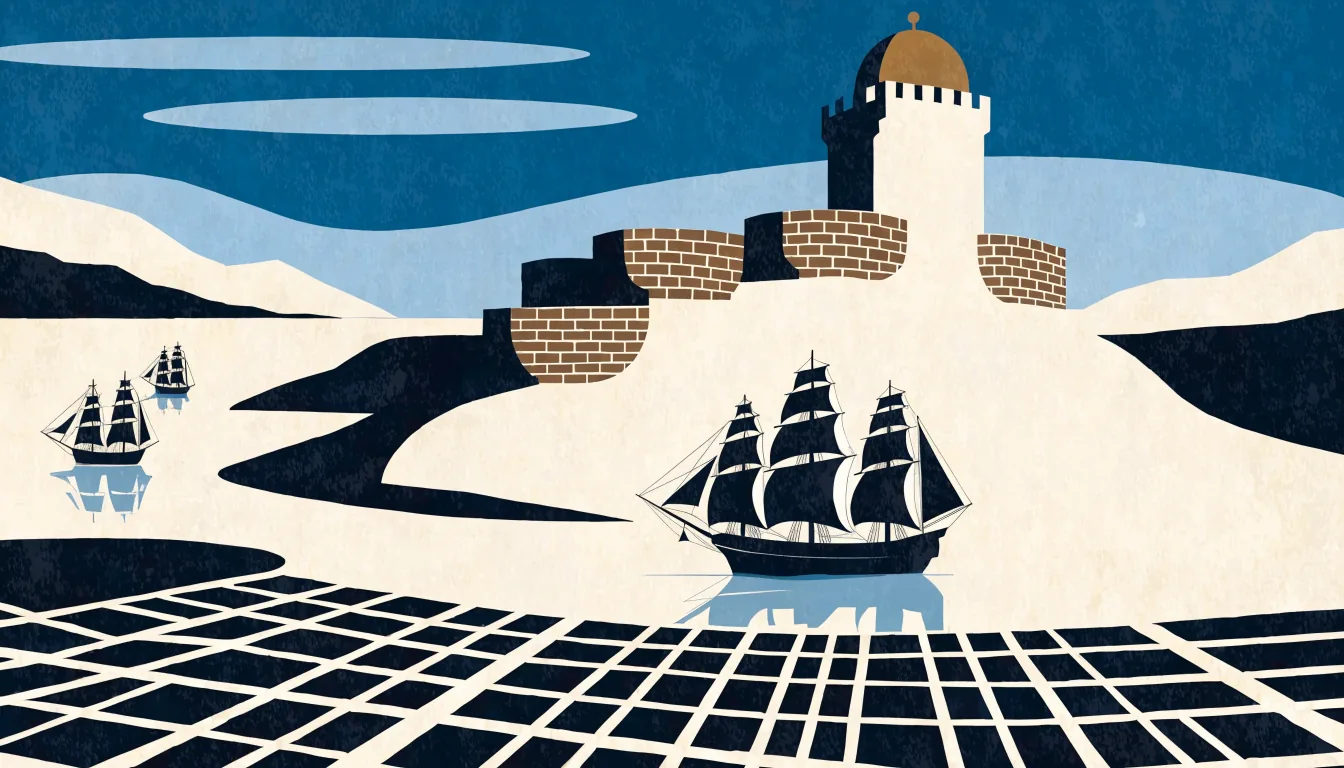 Illustrasjon av en gammel festning over havnen med seilskuter og et rutenett av gater