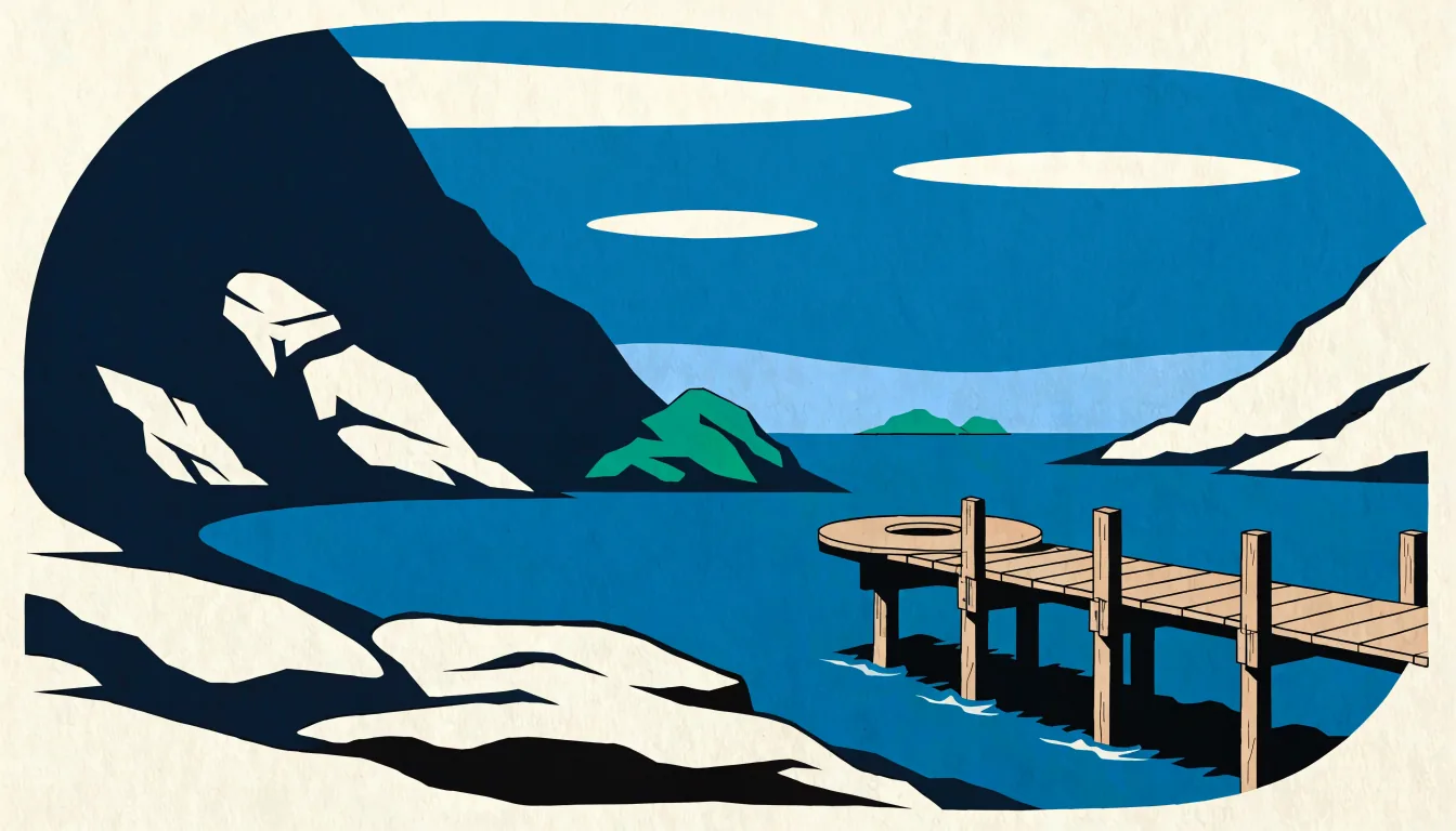 Illustrasjon av svaberg og en badebrygge ved fjorden med lave grønne øyer