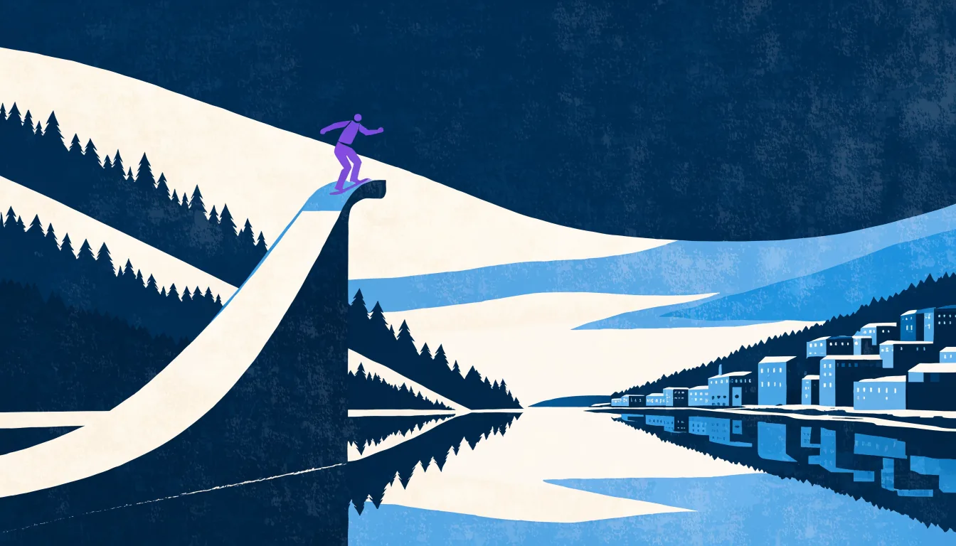 Illustrasjon av en hoppbakke på en skogkledd ås over byen og fjorden om vinteren