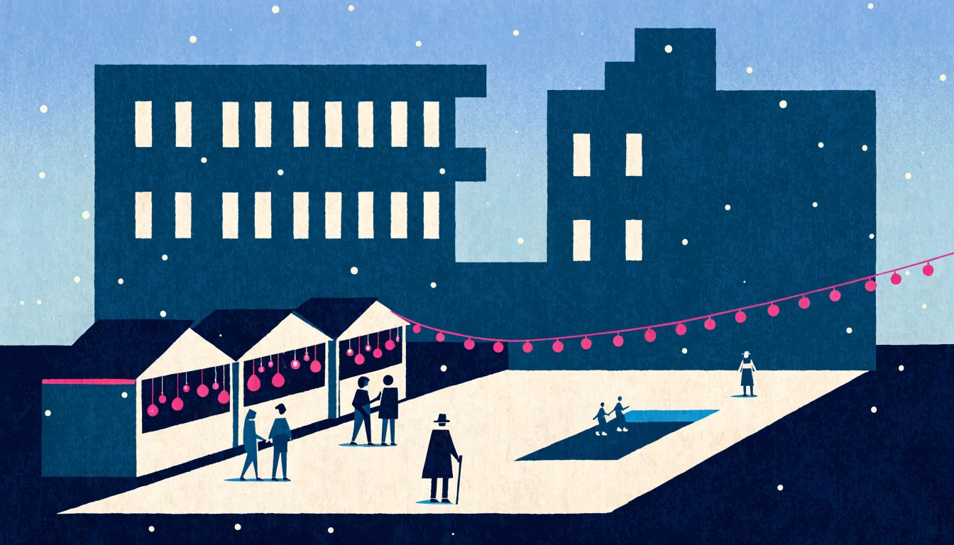 Illustrasjon av et julemarked med boder, lysslynger og skøytebane i skumringen