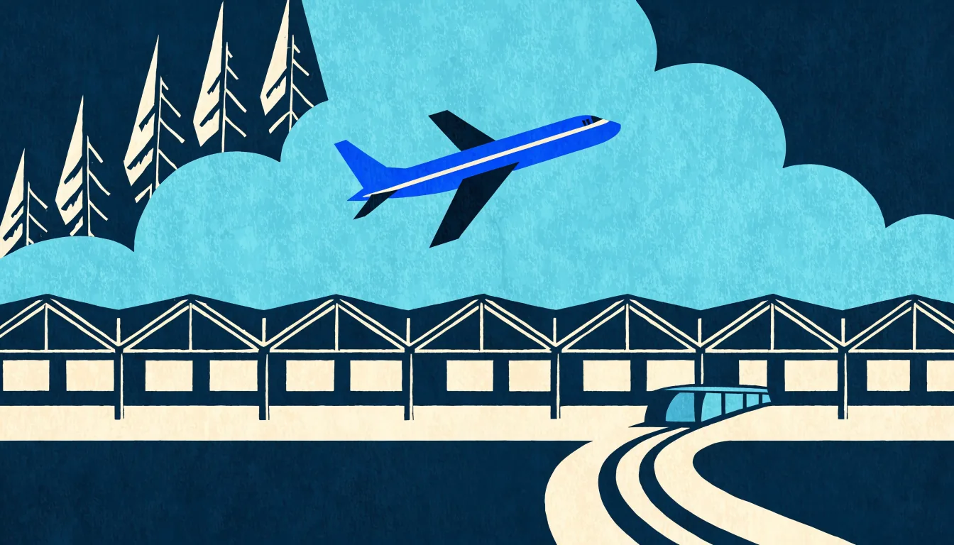 Illustrasjon av en flyplassterminal med fly over granskog og et tog under