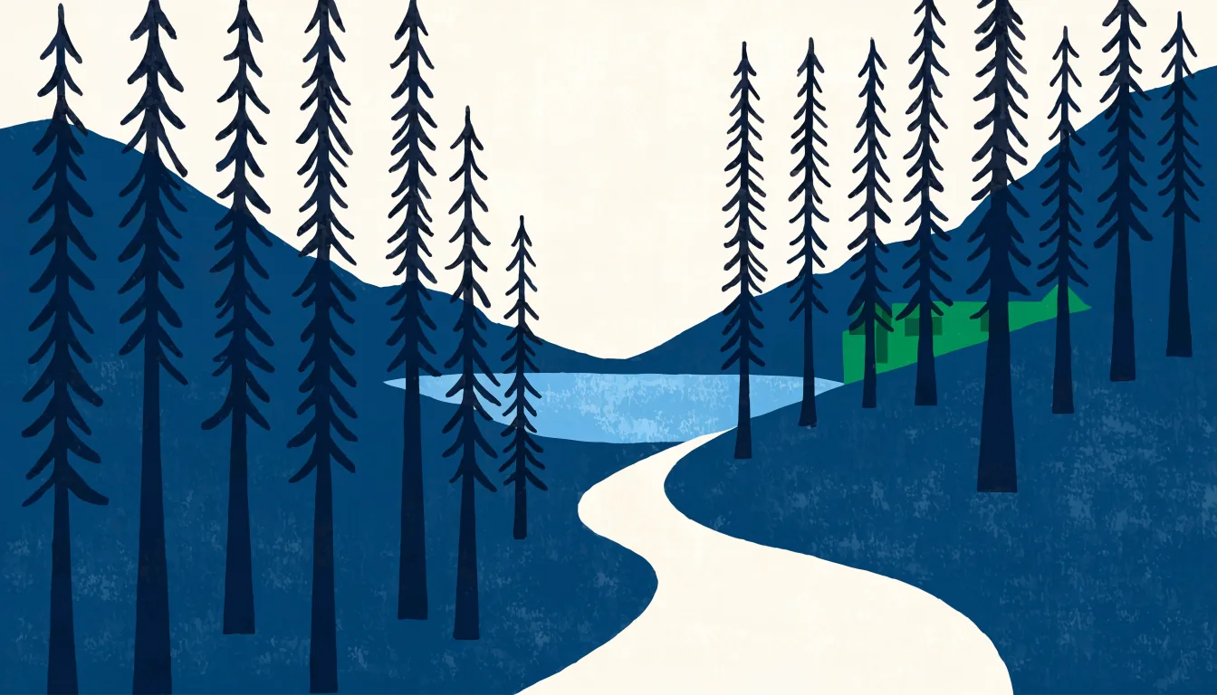 Illustrasjon av en sti gjennom granskog mot et vann og en rød hytte