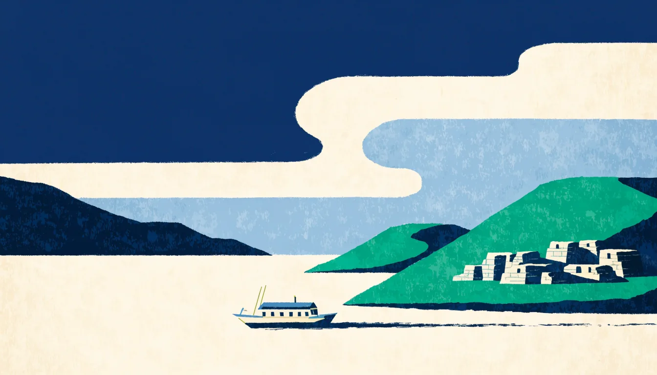 Illustrasjon av en liten passasjerbåt mellom grønne øyer i fjorden