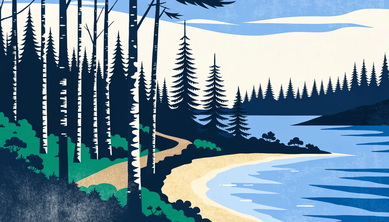 Illustrasjon av et skogsvann med grussti, bjørk og gran og en liten sandstrand