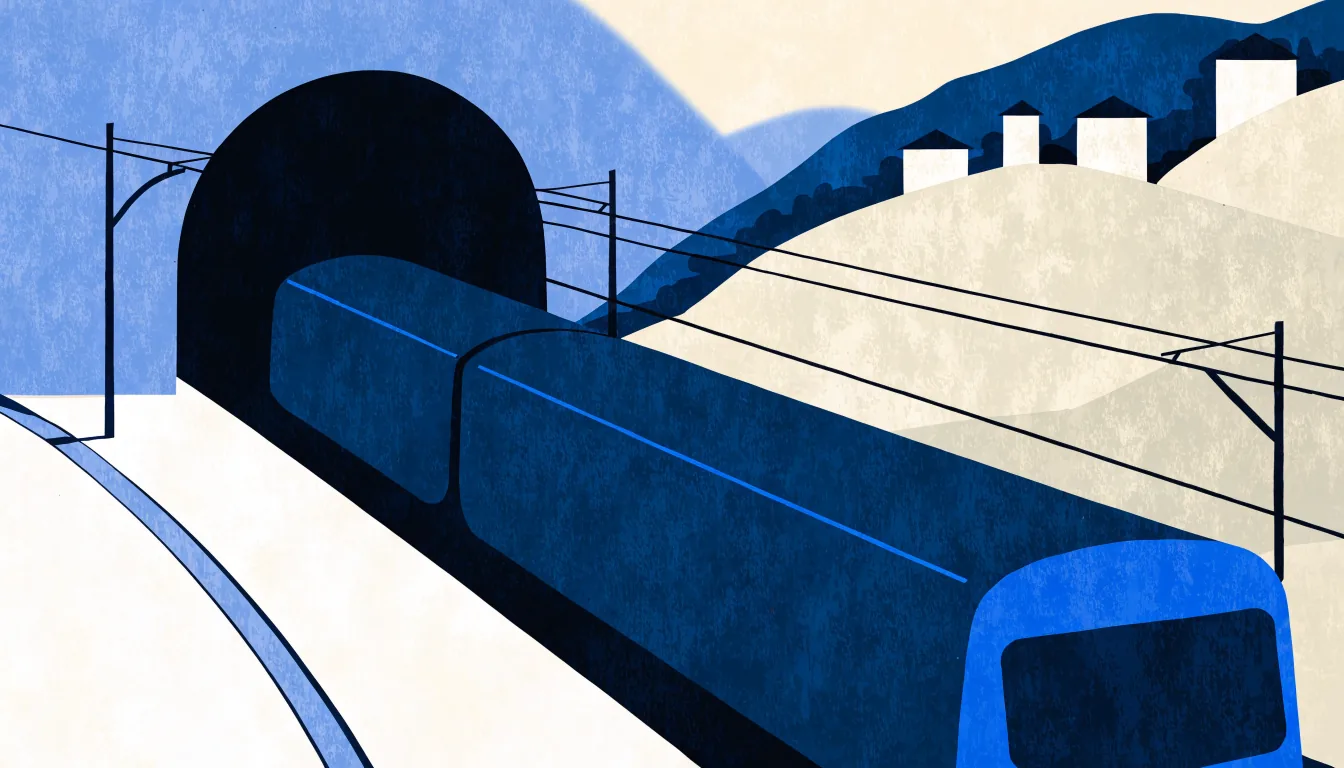 Illustrasjon av et T-banetog som kommer ut av en tunnel i en grønn åsside